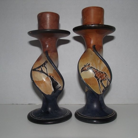 Pair Natural Soapstone Swirl Candlesticks with Giraffe's Made in Kenya - Picture 1 of 2